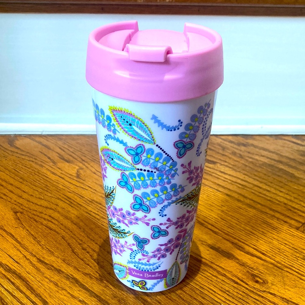 Vera Bradley Travel Mug Butterfly Flower Leaves Tumbler Insulated Drink CUP Pink